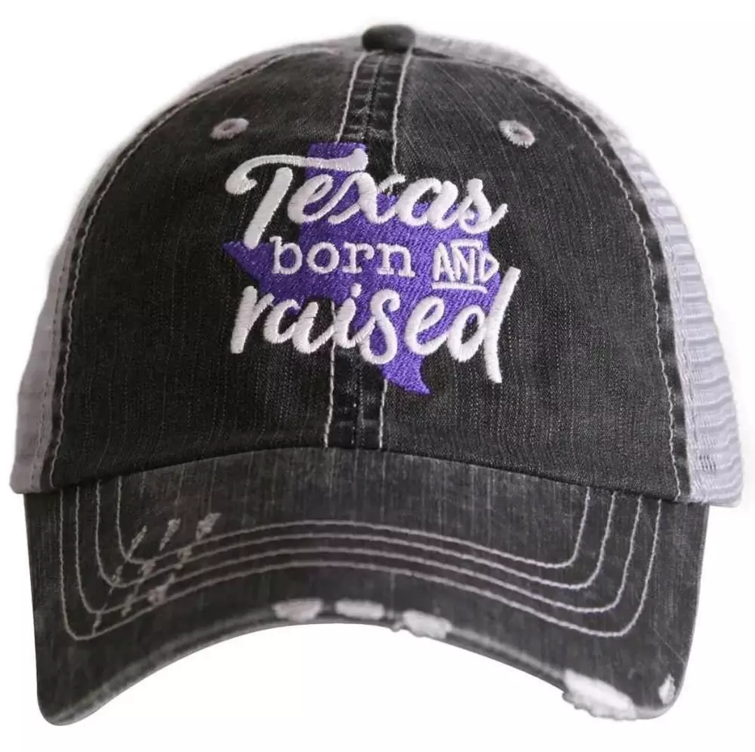 Texas Born and Raised Embroidered Distressed Trucker Hat Purple thumbnail