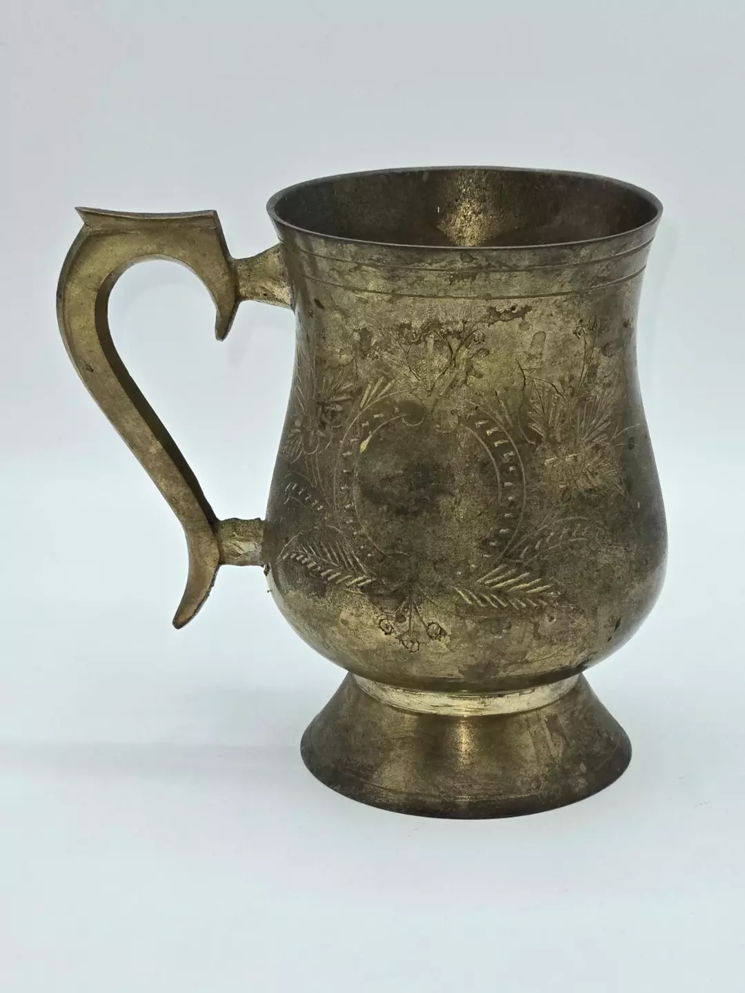 Vintage Brass Pedestal Tankard Etched Floral Mug Footed Cup Rustic Barware 5” thumbnail