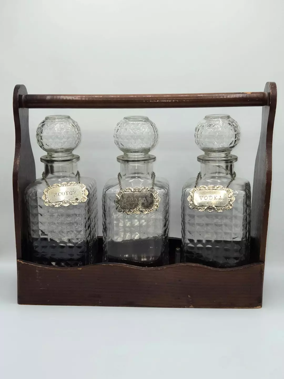 Mid Century Glass Liquor Decanter Set Wood Caddy Scotch Bourbon Vodka 3 Bottle thumbnail