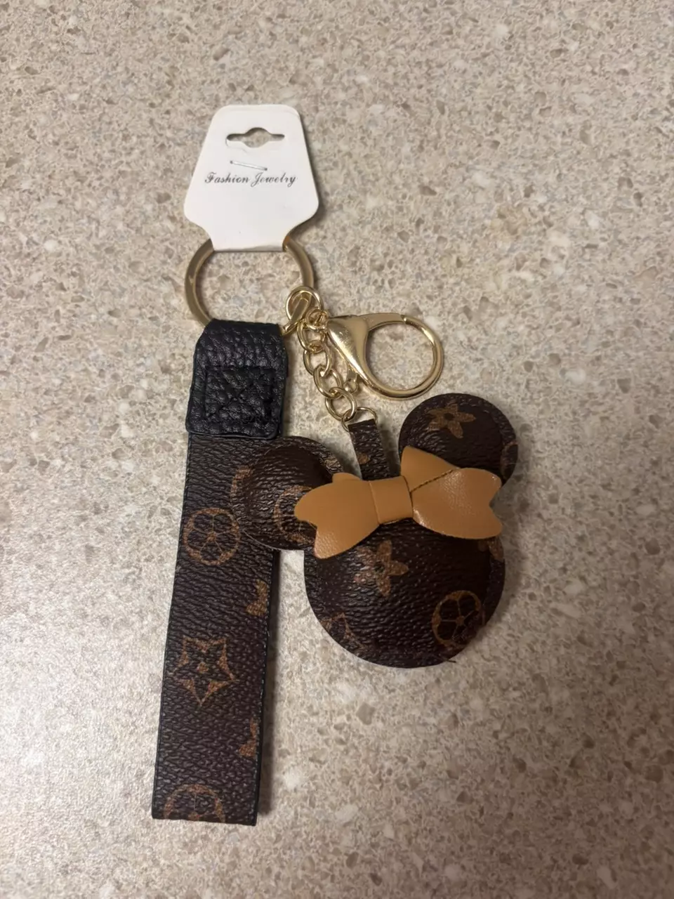 Designer Inspired Mouse Ears Keychain Wristlet Brown Monogram Bow Charm thumbnail
