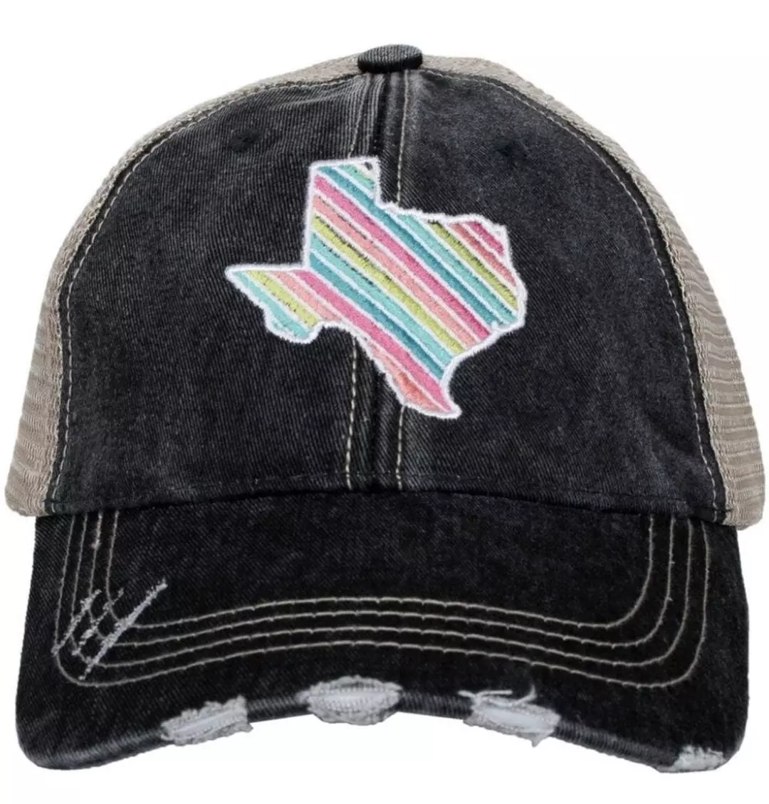MultiColor Stripe Texas State Embroidered Black Distressed Trucker Hat thumbnail