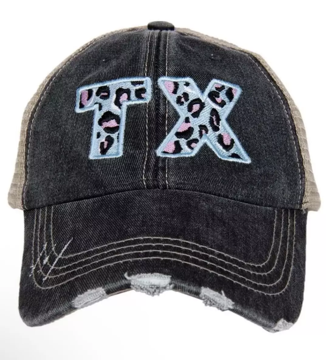 Blue Pink Leopard TX Texas State Embroidered Black Distressed Trucker Hat thumbnail