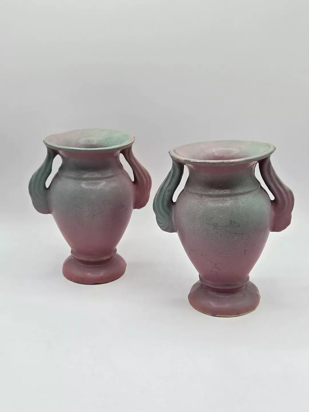 Niloak Pottery Vase Set of 2 Matte Pink Green Blended Glaze Double Handle thumbnail