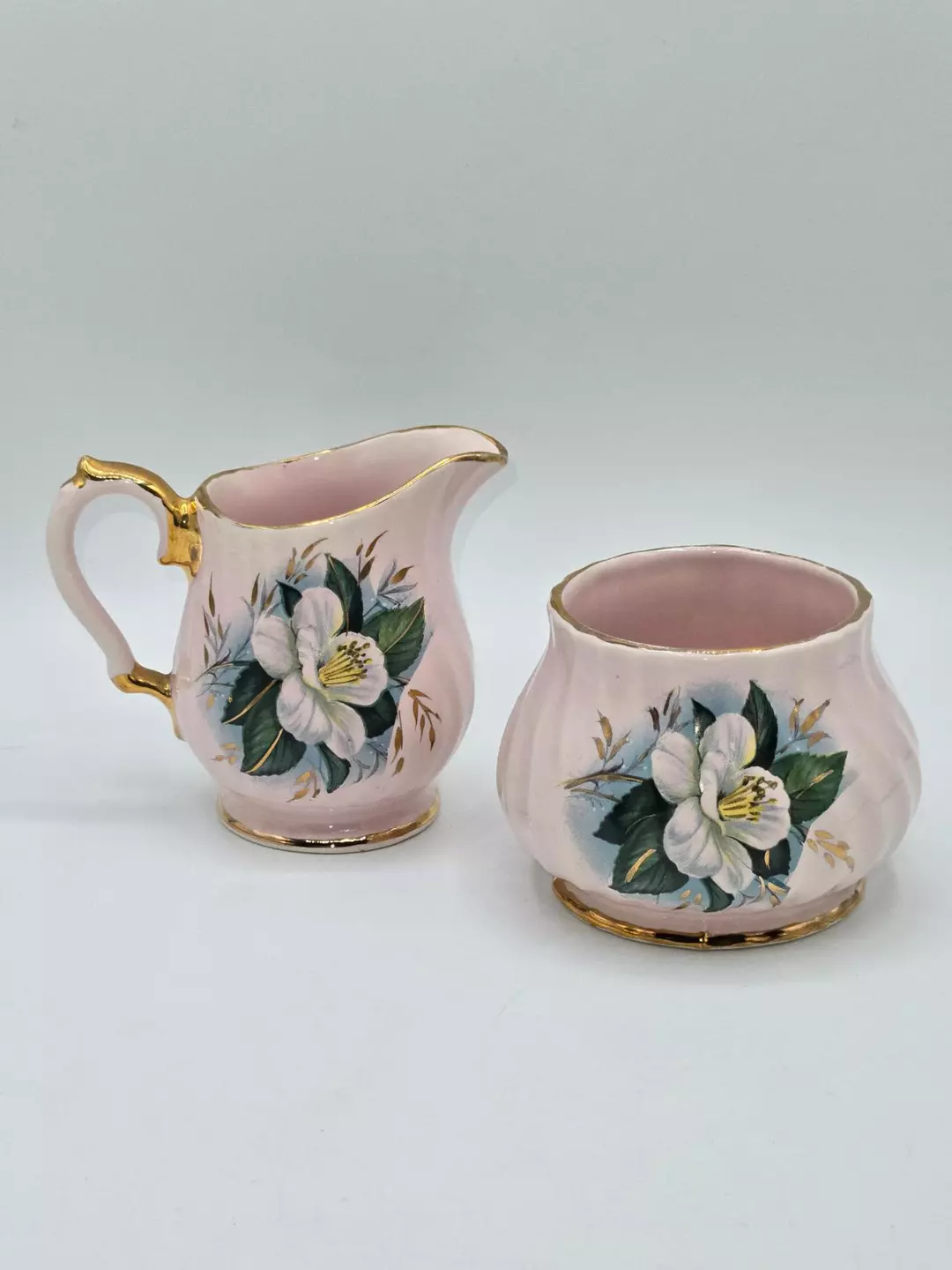 Porcelain Creamer & Sugar Set Pink Floral Gold Trim Japanese Export Mid Century thumbnail