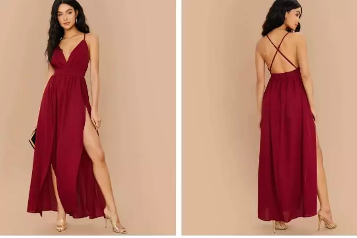 Burgundy Red Spaghetti Strap High Slit Dress M (6) thumbnail