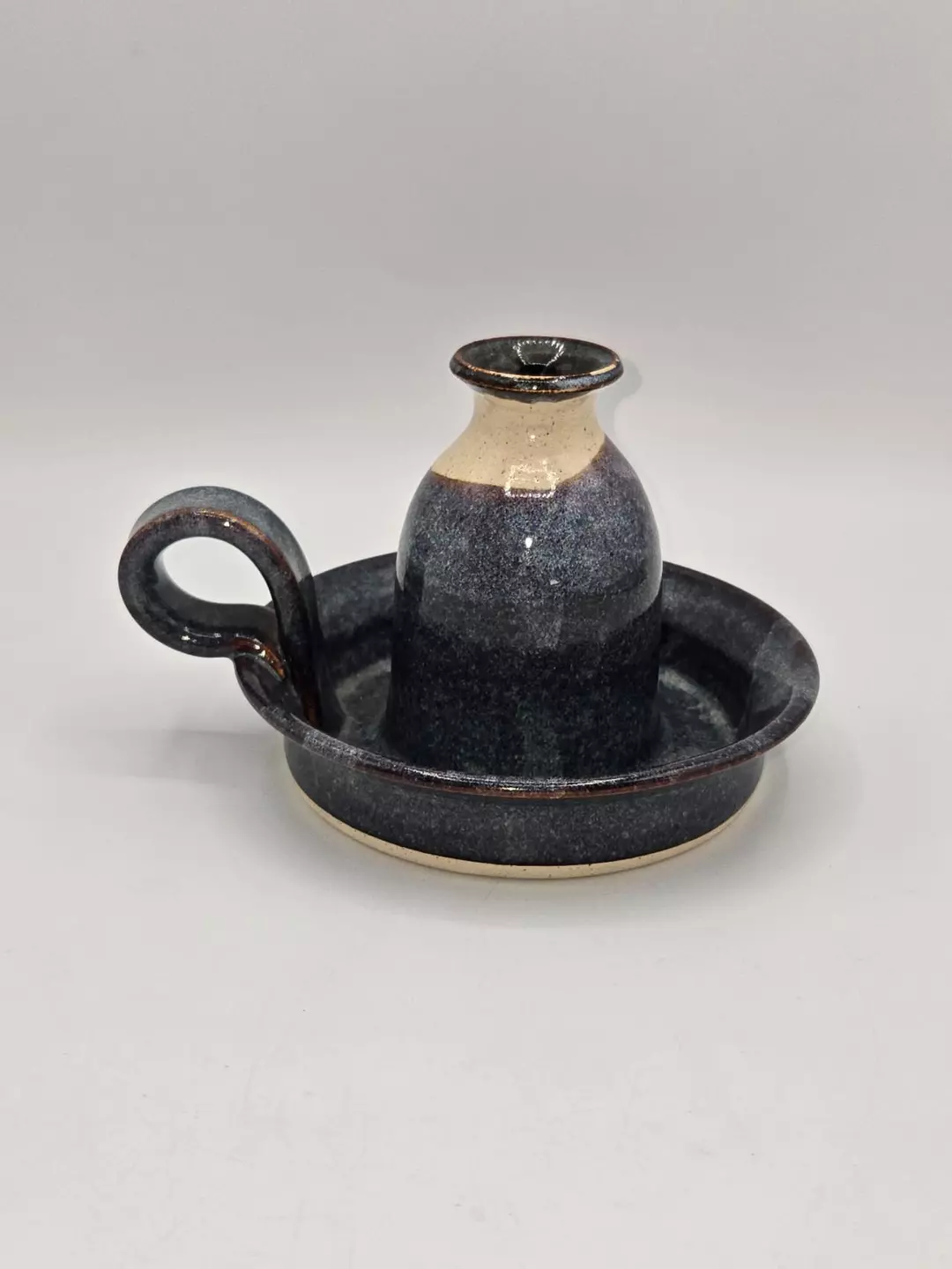 Stegall Studio Pottery Chamberstick Candle Holder Blue Drip Glaze Handmade thumbnail