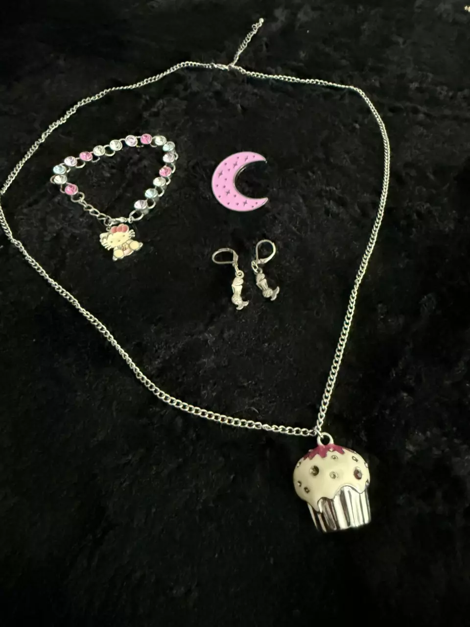 Curated 4 Pc Vintage Jewelry Set Hello Kitty Cupcake Moon Mermaid Silver Pink thumbnail