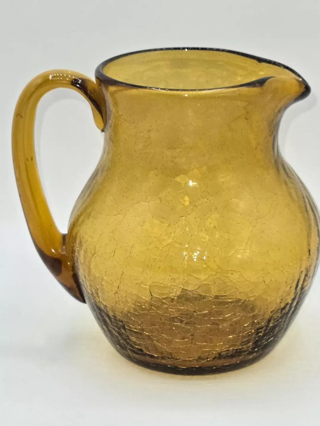 Amber Crackle Glass Pitcher Handblown Art Glass Applied Handle Mid Century thumbnail