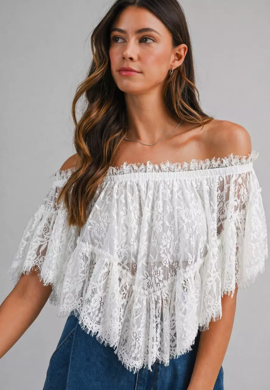 White woven shoulder lace top thumbnail