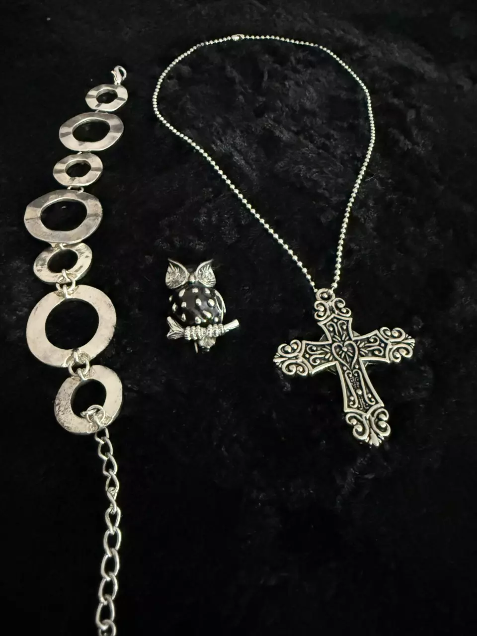 Curated Silver Myth Vintage Jewelry Bundle Cross Owl Bracelet thumbnail