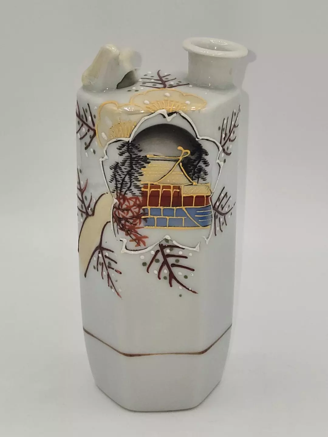 Japanese Singing Sake Bottle Warble Vase Pagoda Design Porcelain 5.5” thumbnail
