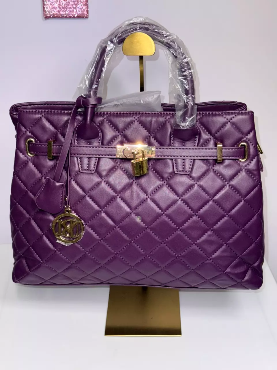 Badgley Mischka Purple Quilted Lock Tote thumbnail