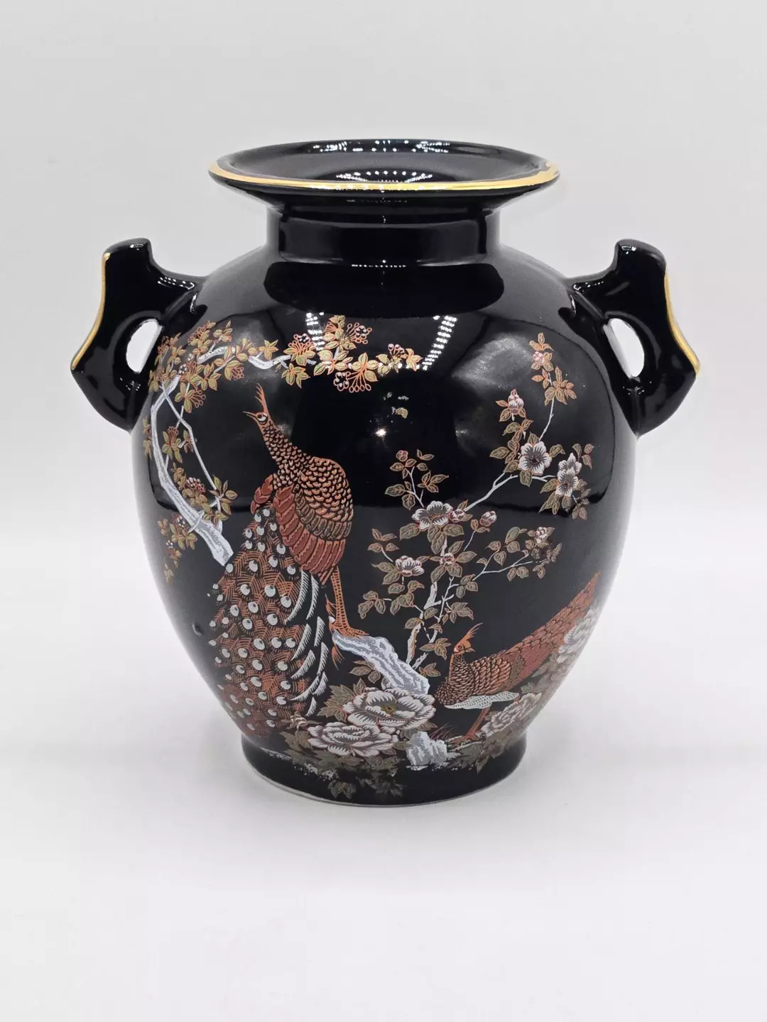 Vintage Black Ceramic Vase Pheasant Bird Floral Design Gold Rim Double Handled thumbnail