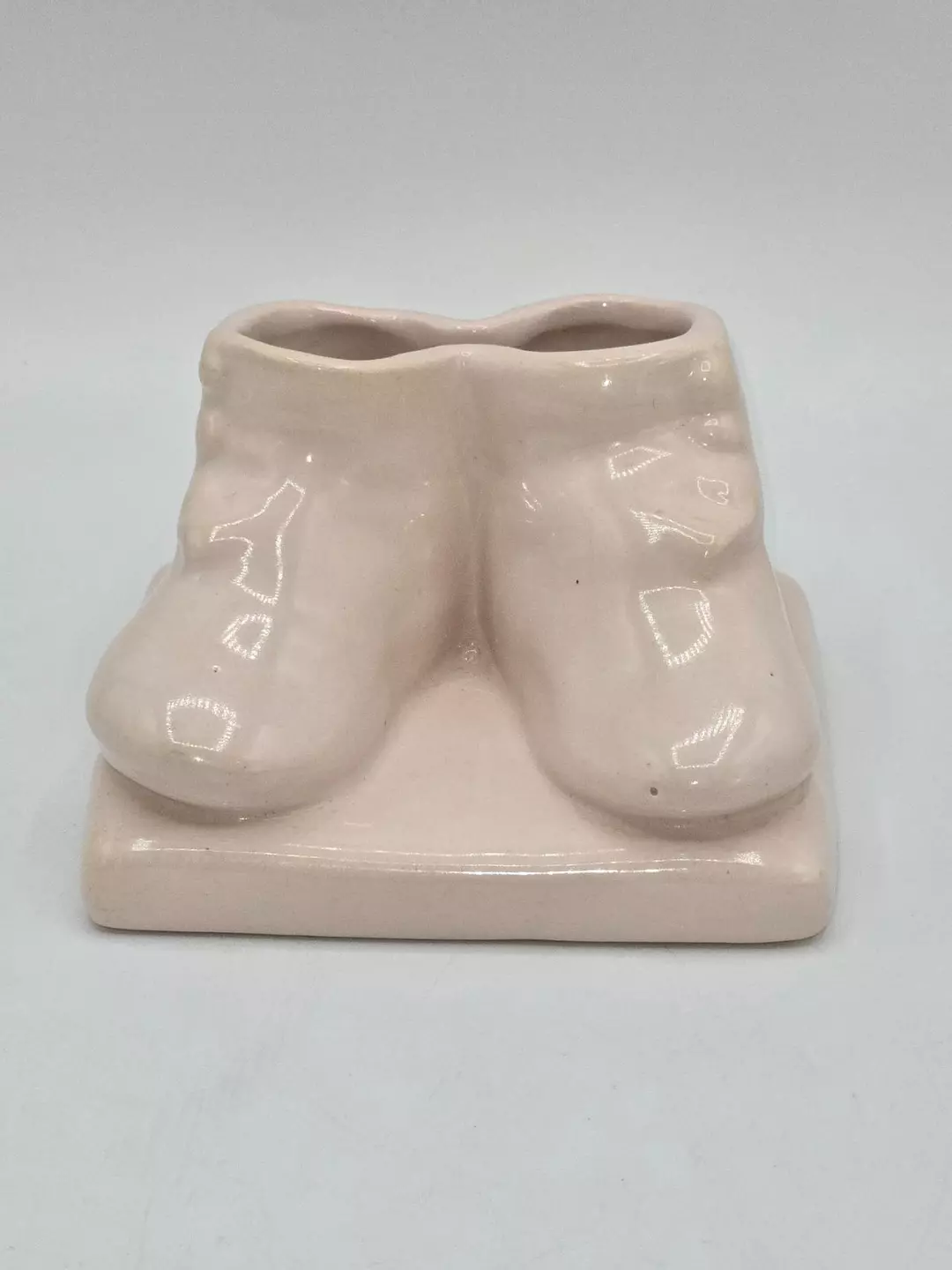 Ceramic Baby Bootie Planter Pink Double Shoe Vase Nursery Decor thumbnail
