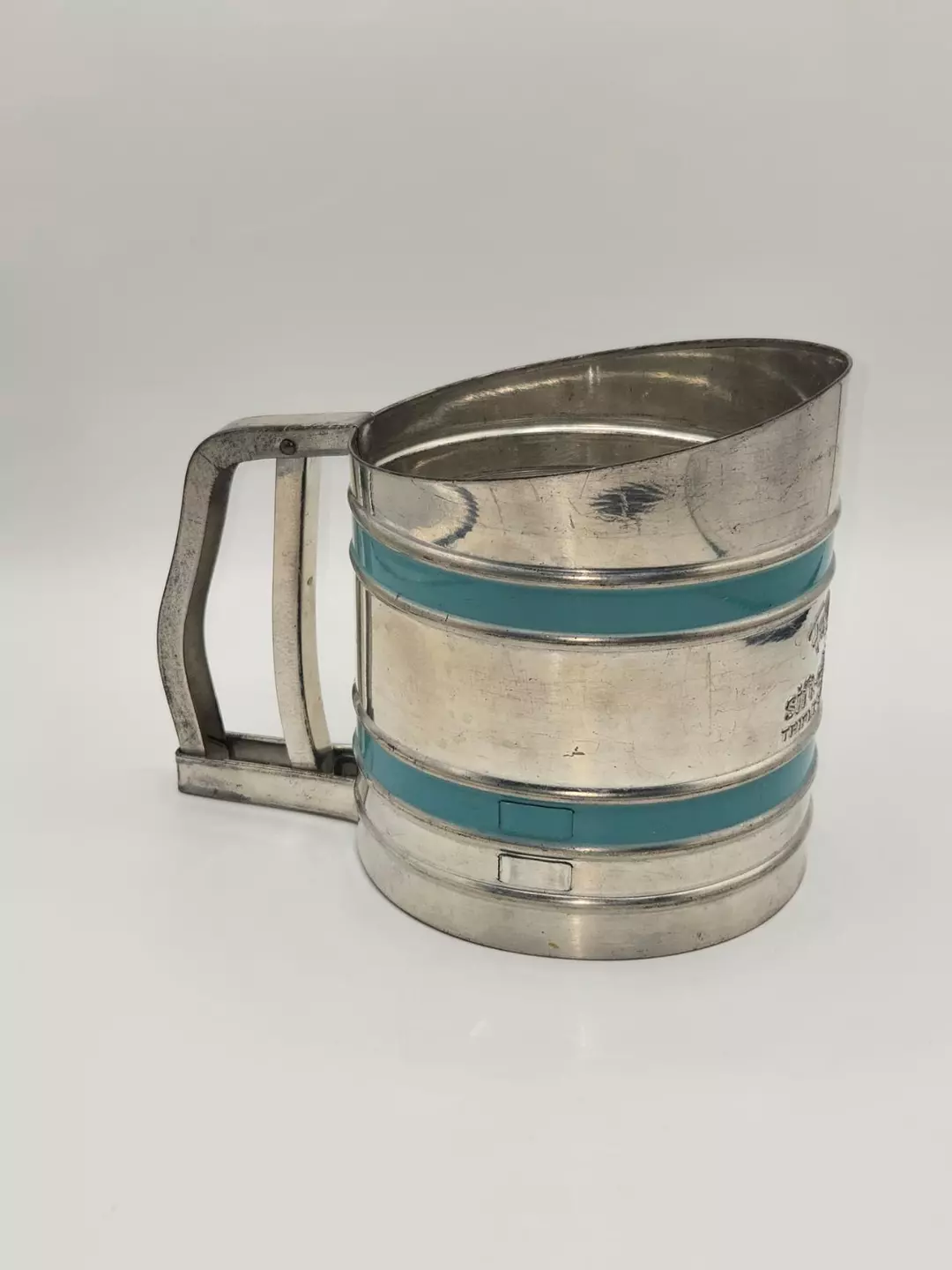 Vintage Foley Sift-Chine Flour Sifter Triple Screen with Turquoise Bands thumbnail