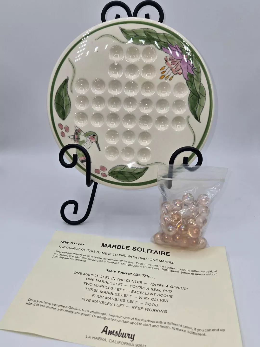Amsbury Marble Solitaire Game Board Hummingbird Floral Ceramic With Marbles thumbnail