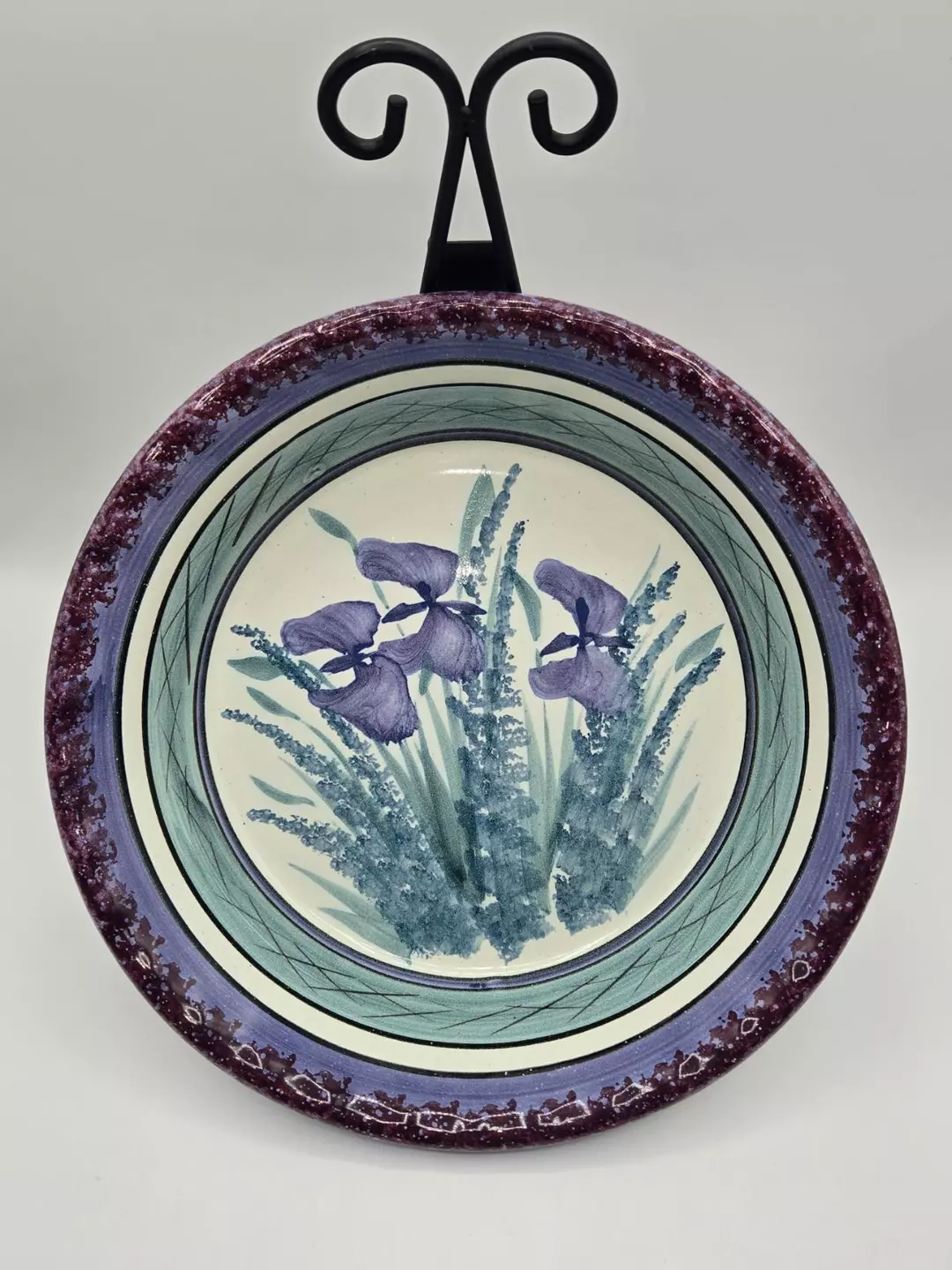 Studio Pottery Iris Bowl Pikes Place Signed Hand Painted Floral Dish 10.5 thumbnail