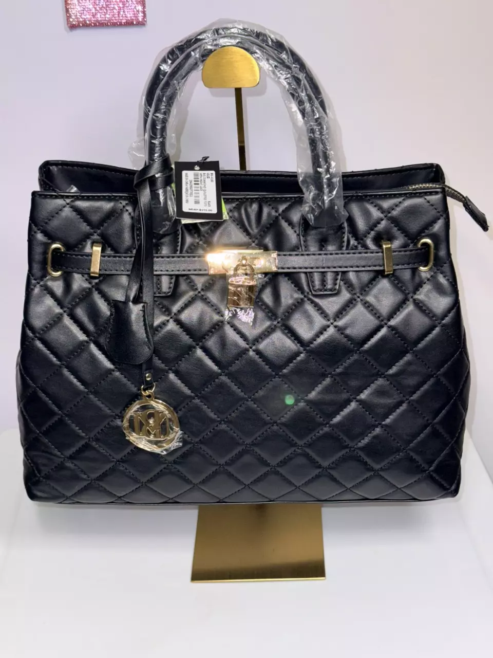Badgley Mischka Black Quilted Lock Tote thumbnail
