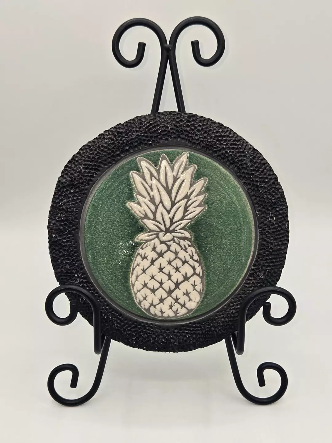 Jeremy Diller Raku Pottery Pineapple Plate Green Black Studio Art Signed thumbnail