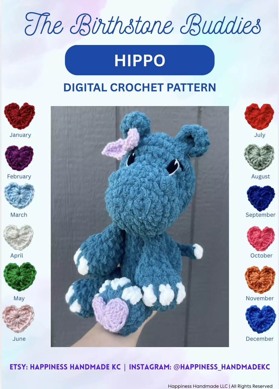 ONE SEW Birthstone Hippo Crochet Pattern  - DIGITAL DOWNLOAD thumbnail