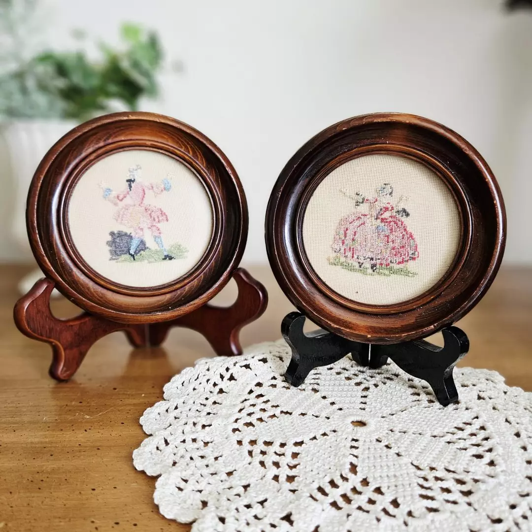 Petit Point Framed Needlepoint Courting Couple Set of 2 thumbnail