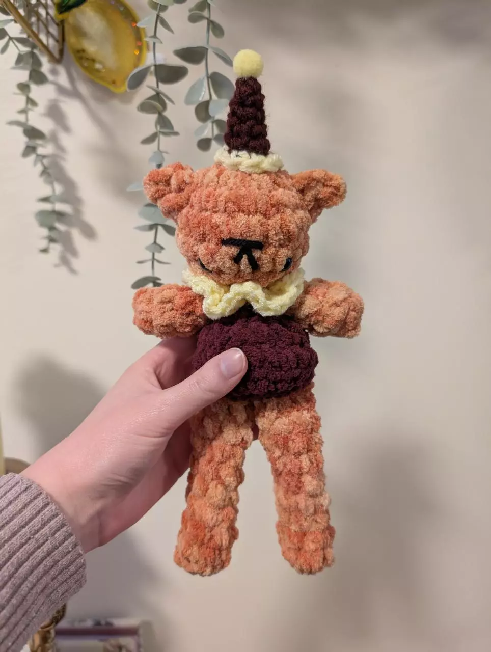 Handmade Crochet Party Kitty Orange with maroon and yellow outfit thumbnail