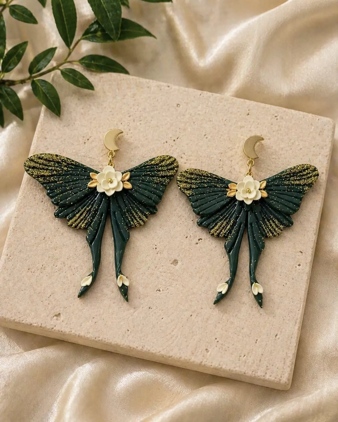 Emerald Luna Moth Earrings thumbnail