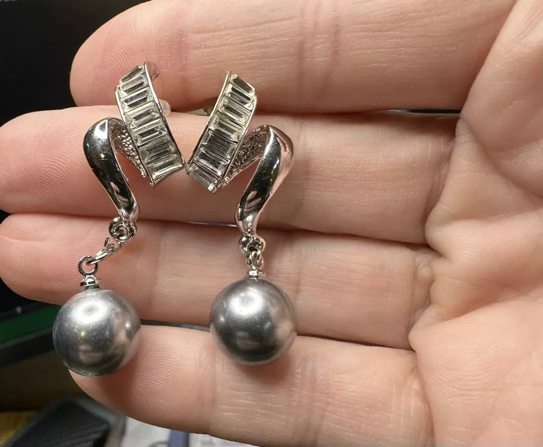 Silver tone faux pearl earrings with crystal baguettes thumbnail