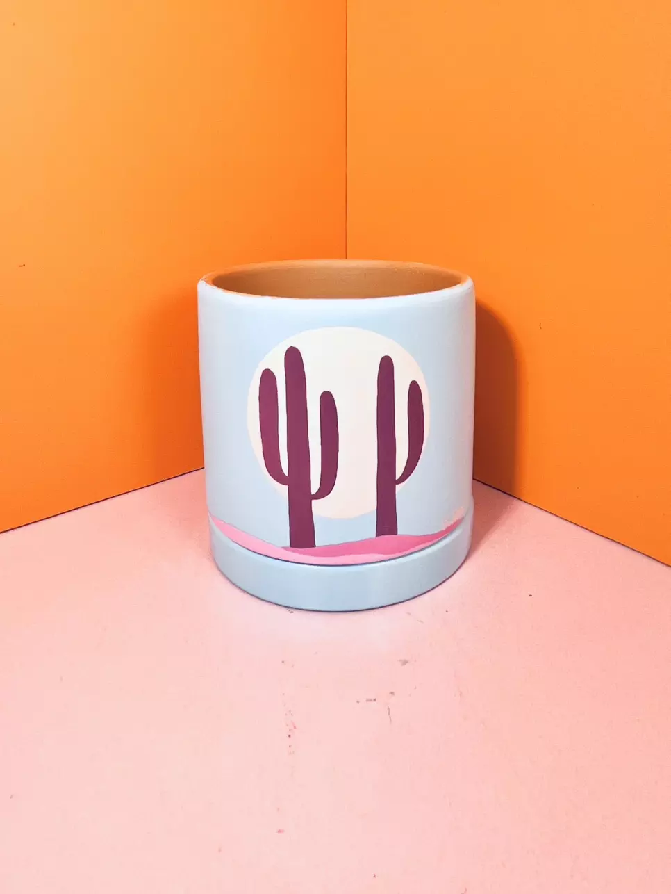Hand Painted Cylinder Pot + Saucer - 4 in. | Cloudy Daze thumbnail
