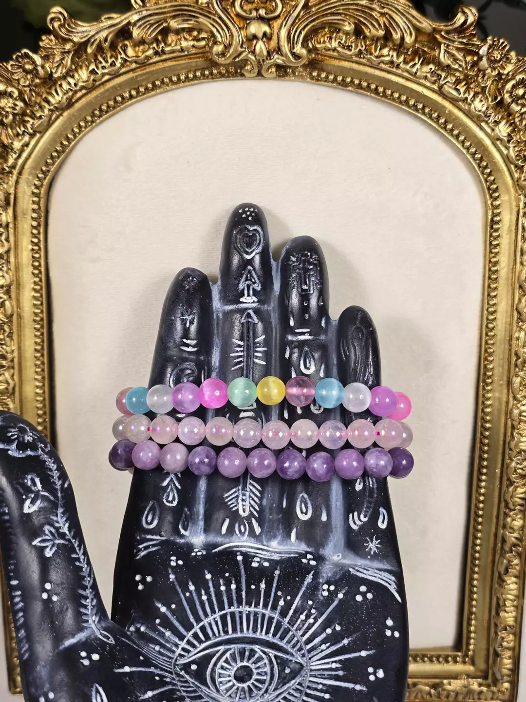 8mm Rainbow Selenite, aura coated rose quartz, lepidolite thumbnail