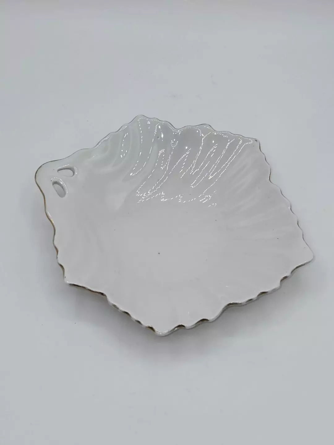 1964 Vintage White Porcelain Leaf Dish Gold Trim Scalloped Trinket Dish thumbnail