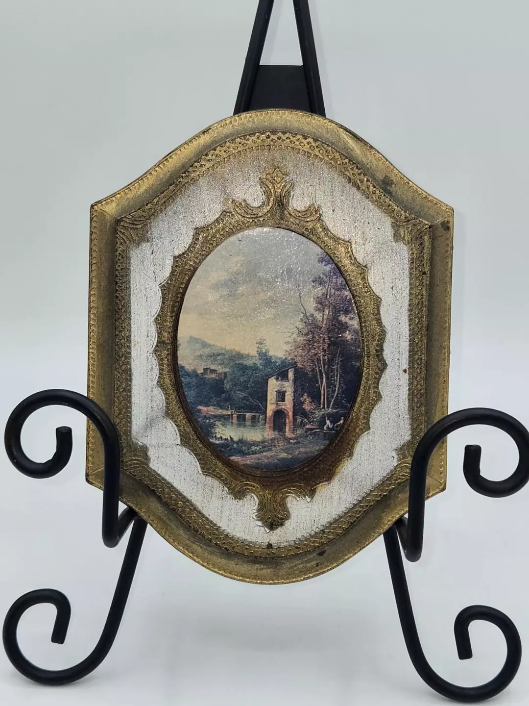 Vintage Italian Florentine Style Wall Plaque Landscape Scene Gold Gilt Frame thumbnail