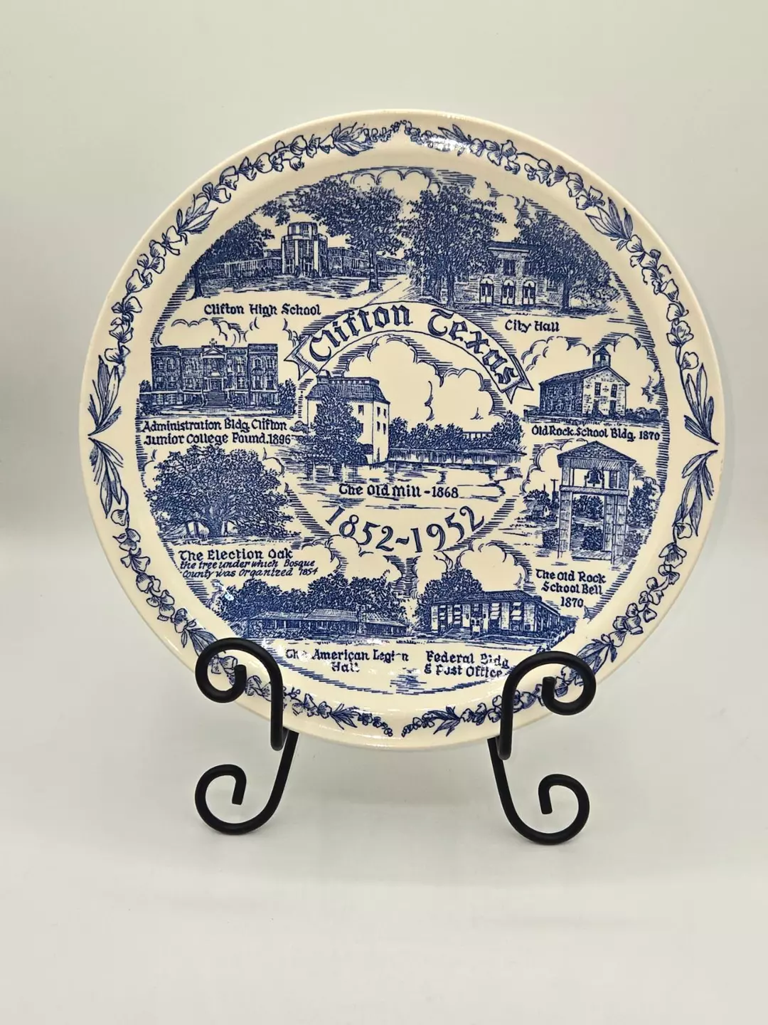 Vintage Clifton Texas Souvenir Plate Blue Transferware Vernon Kilns 1852–1952 thumbnail