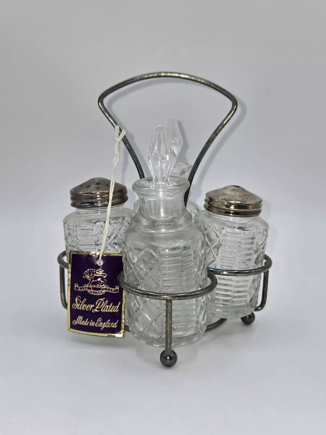 Vintage Silver Plated Cruet Set England Cut Glass Bottles Condiment Set thumbnail