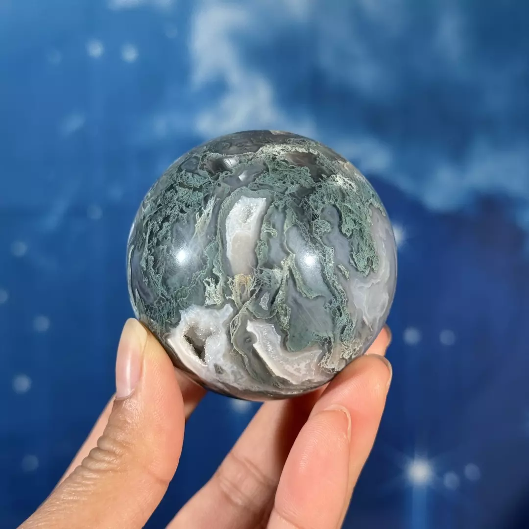 Moss agate sphere, 32j thumbnail