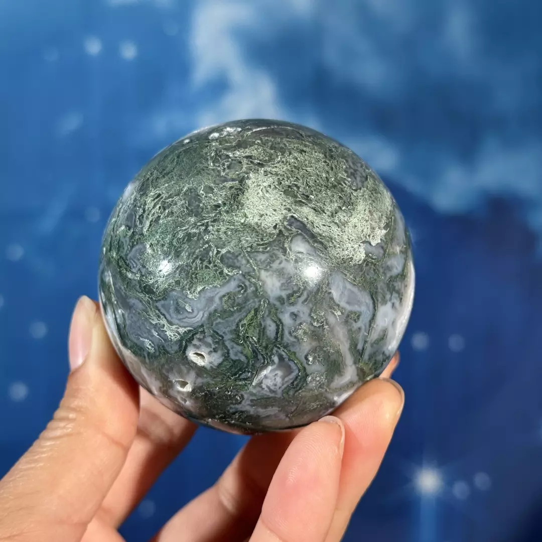 Moss agate sphere, 39h thumbnail