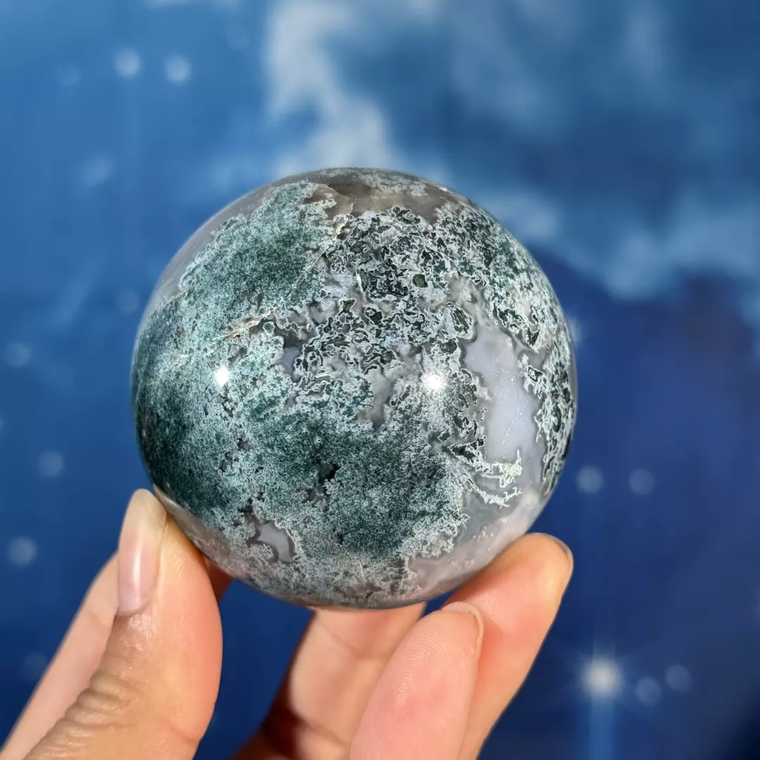 Moss agate sphere, 38l thumbnail