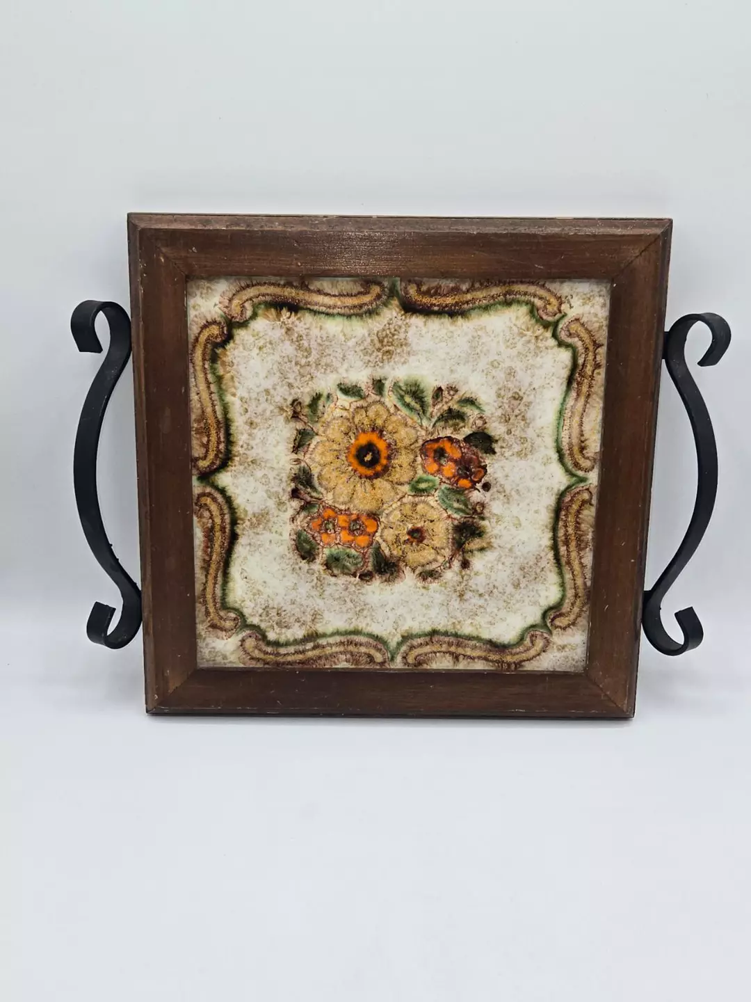 Vintage Tile Serving Tray Wood Frame Floral Ceramic Tile Iron Handles 11.75" thumbnail