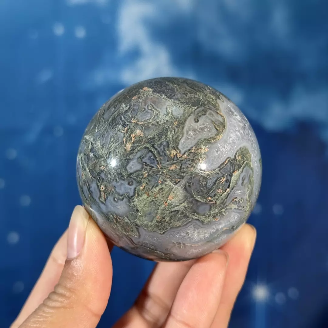 Moss agate sphere, 35k thumbnail
