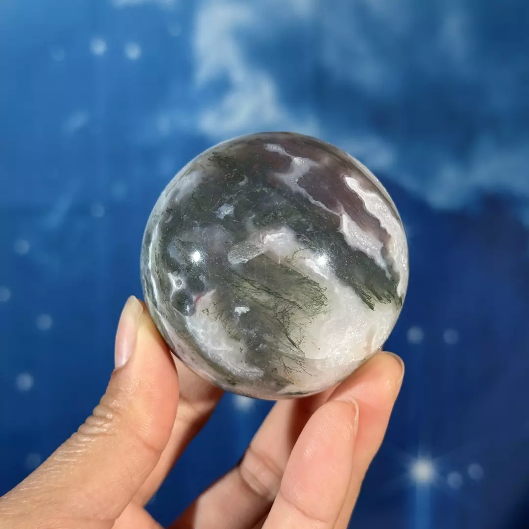 Moss agate sphere, 26y thumbnail