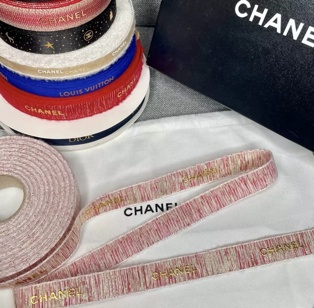 CHANEL Pink Tweed Ribbon w/ Gold Lettering by the Yard - 3/4" thumbnail