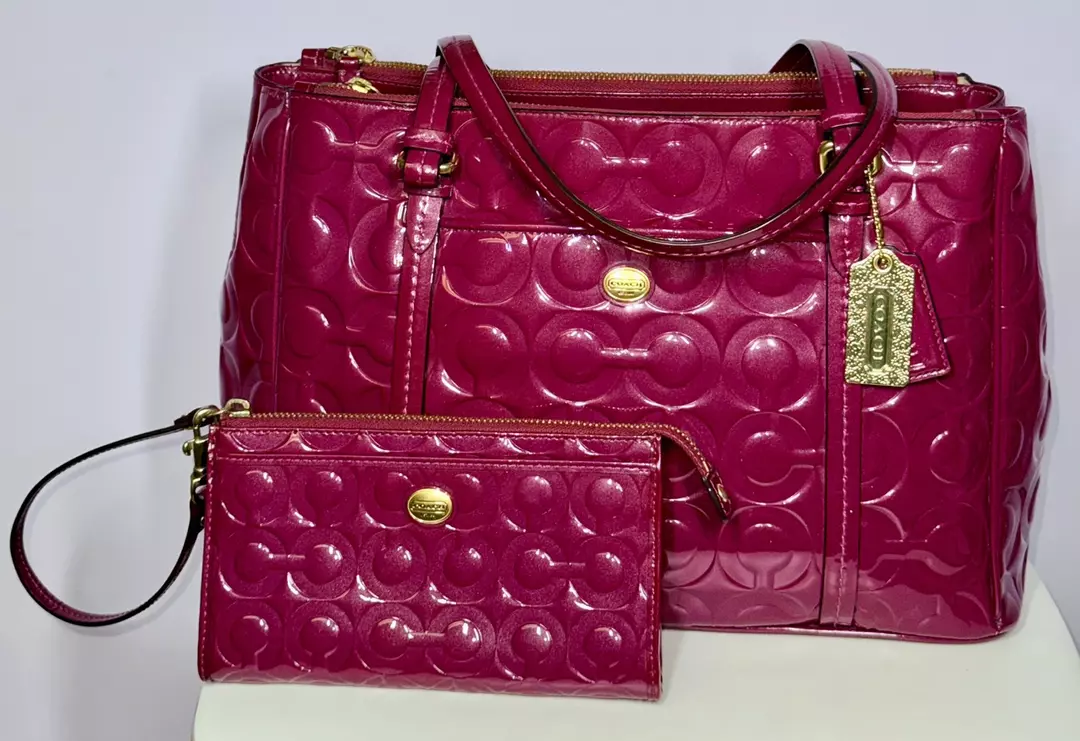 Coach Peyton Op Art Embossed Patent Double Zip Carryall 2013 Passion Berry thumbnail