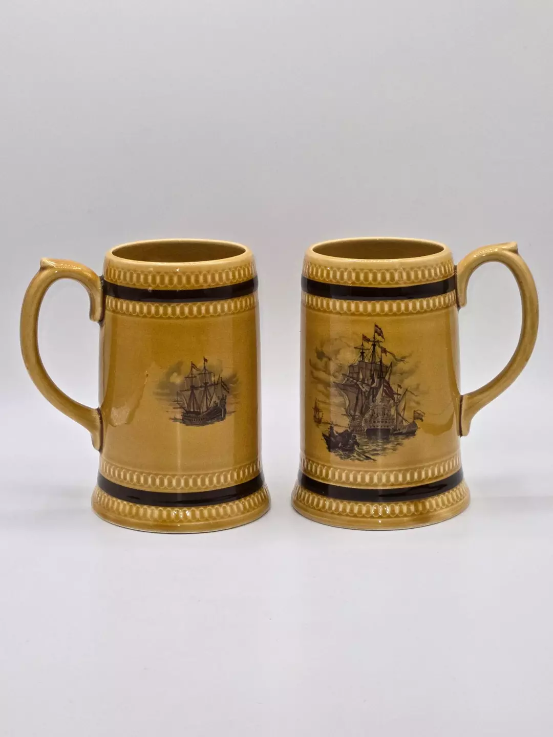 Sadler England Tankard Mugs Nautical Sailing Ships Brown Glaze Pair thumbnail