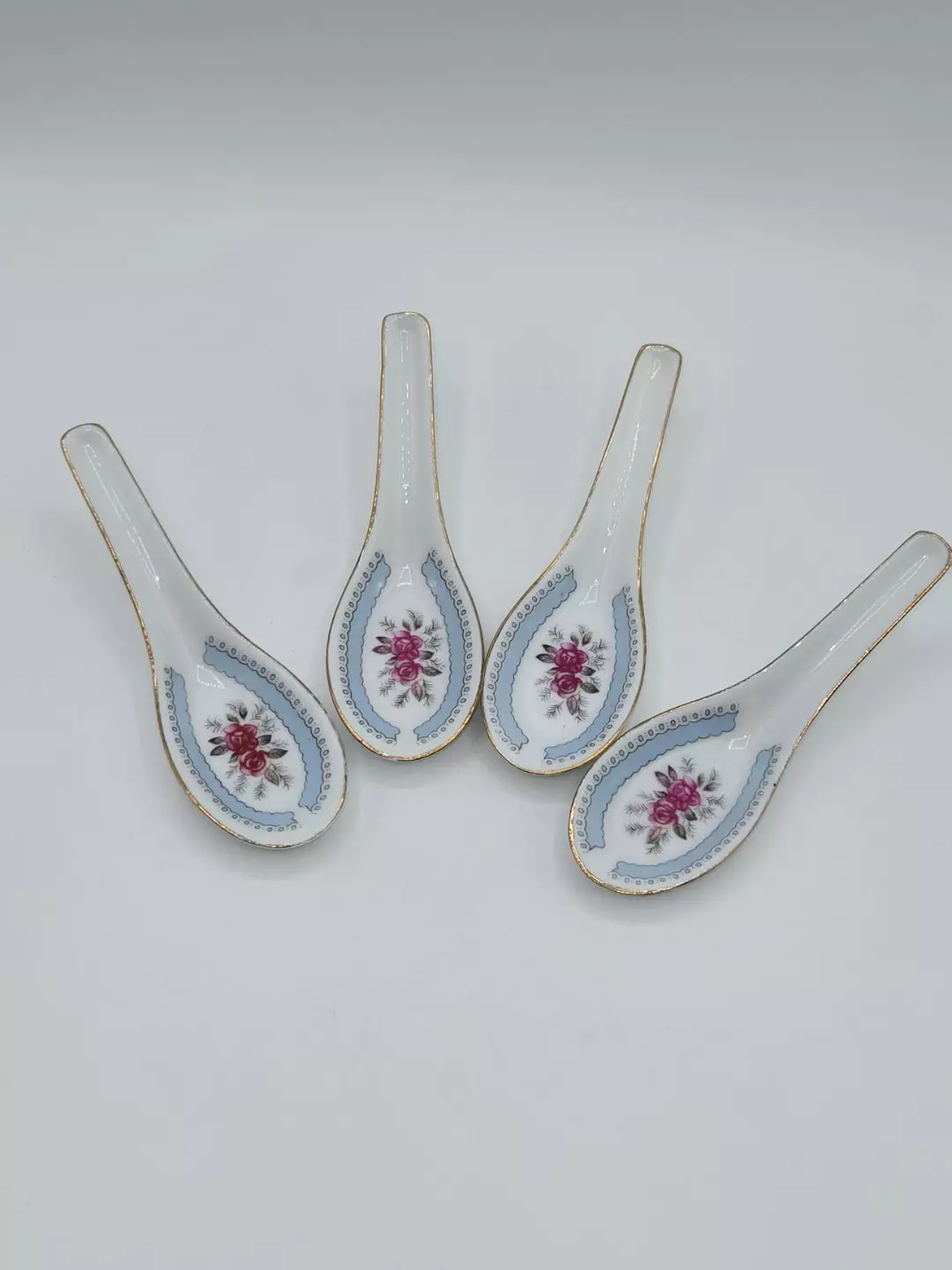 Cathay Porcelain Soup Spoons Set of 4 Floral Rose Gold Trim China thumbnail