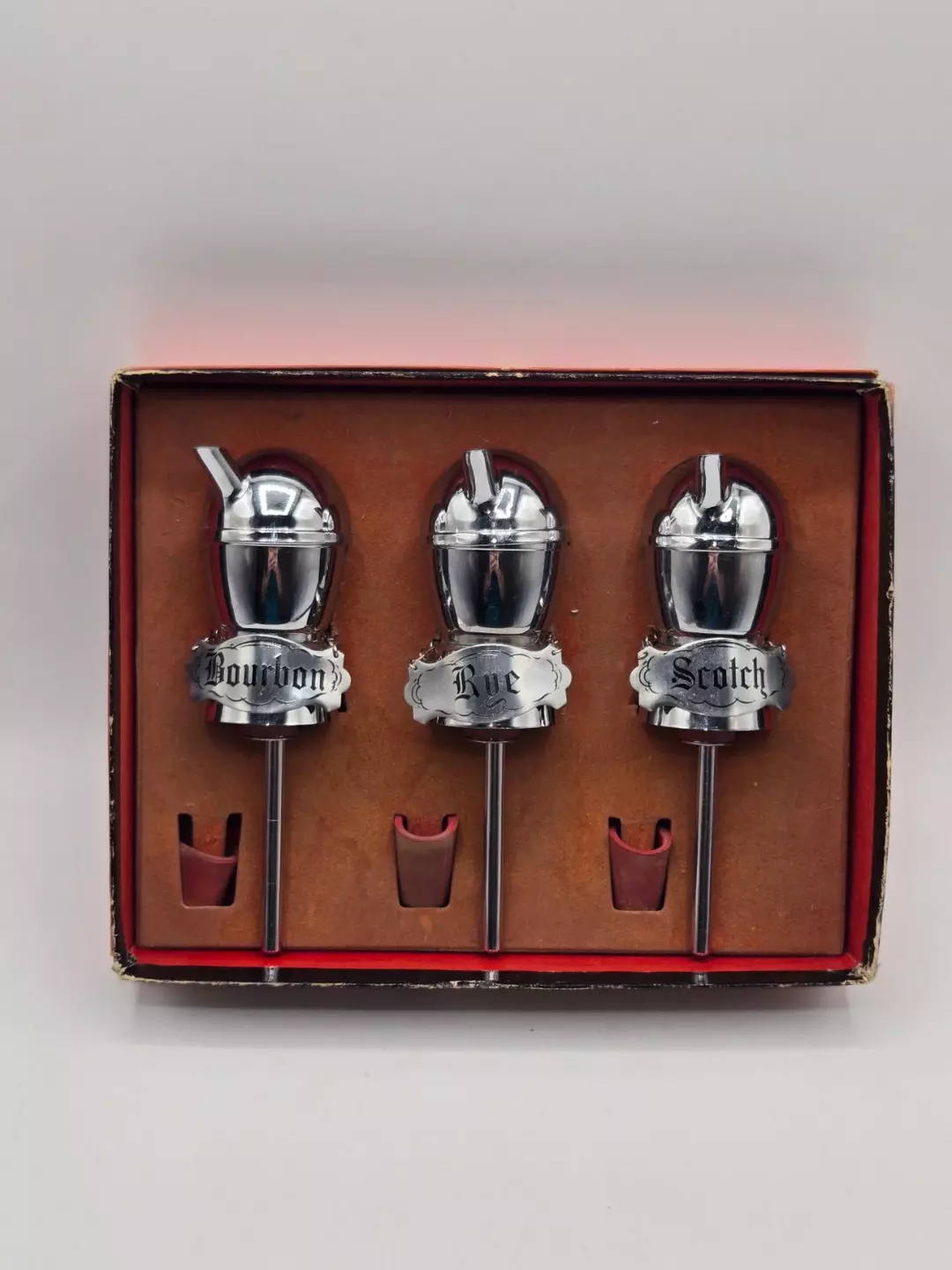 Vintage Bar Pourers Set Bourbon Rye Scotch Liquor Bottle Spouts Chrome Barware thumbnail