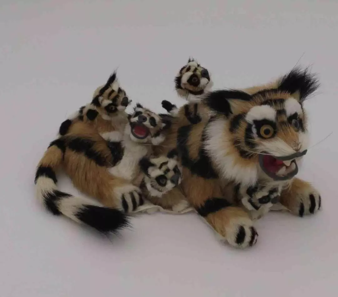 Vintage Handcrafted Tiger And Cubs Bobblehead Figurine Made From Real Rabbit Fur thumbnail