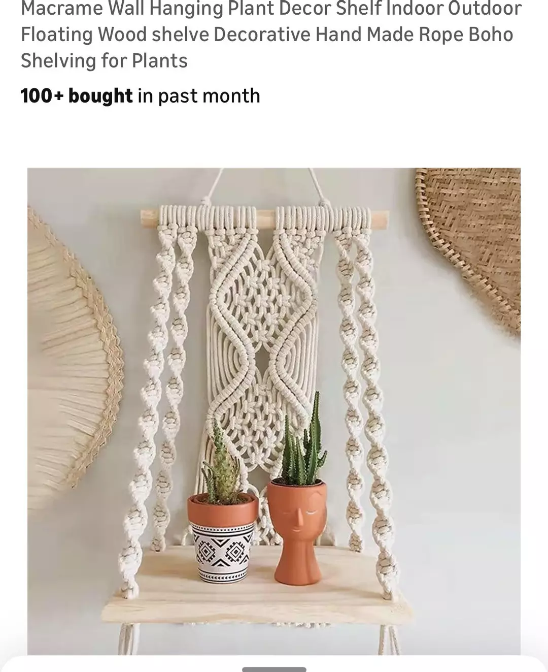 Macrame Wall Hanging Plant Decor Shelf Indoor Outdoor Floating Wood shelve Decor thumbnail