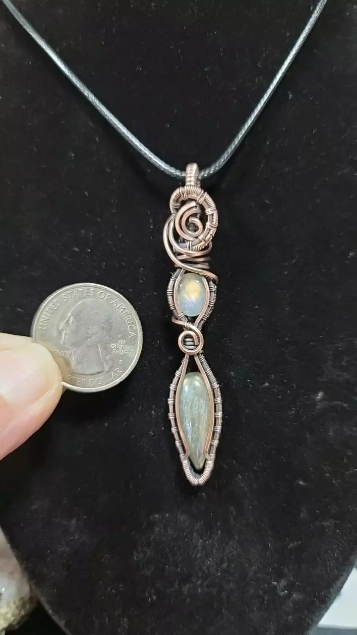 Copper wrapped pendant Rainbow and sunset labradorite together thumbnail