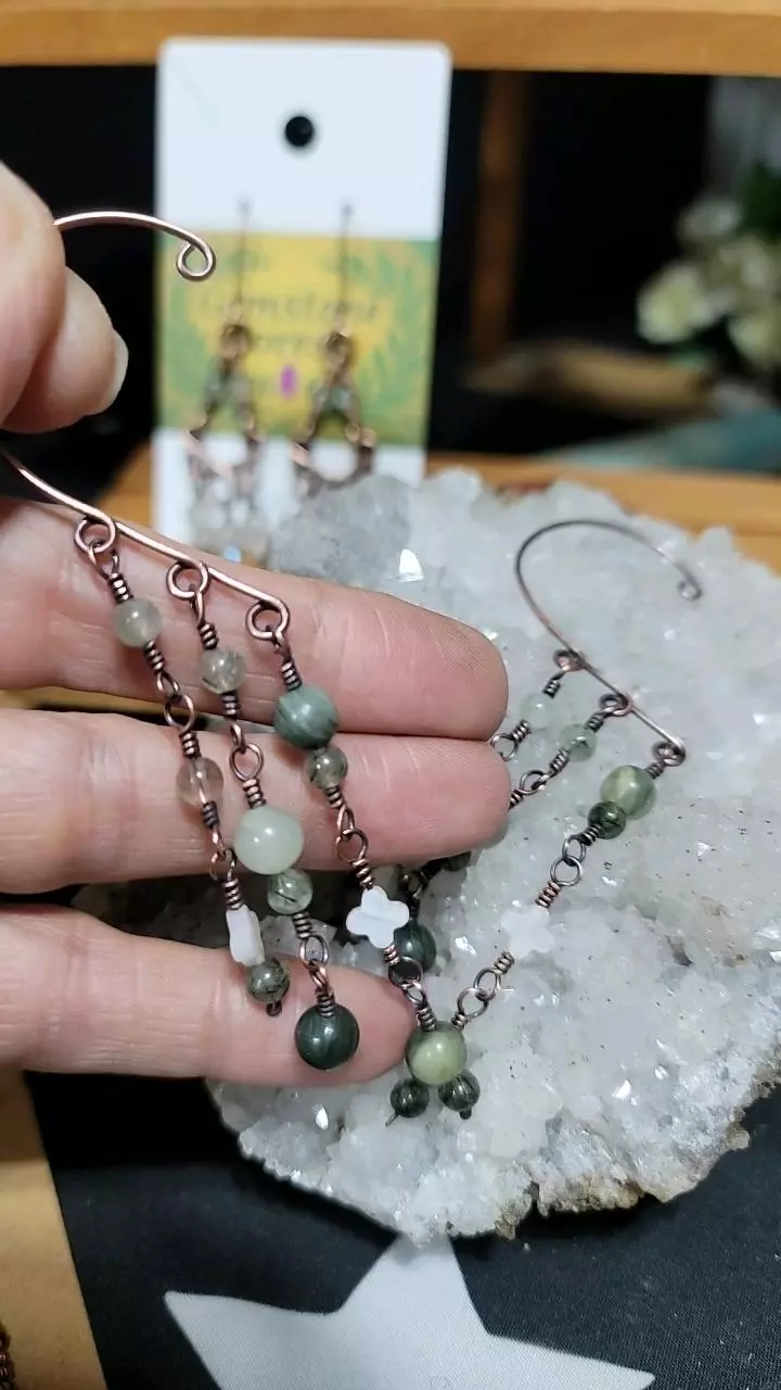 Copper earwire set. Trio Green garden quartz, green rutile and shell thumbnail