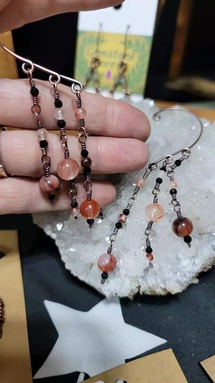 Copper earwire set Fire quartz and black obsidian thumbnail